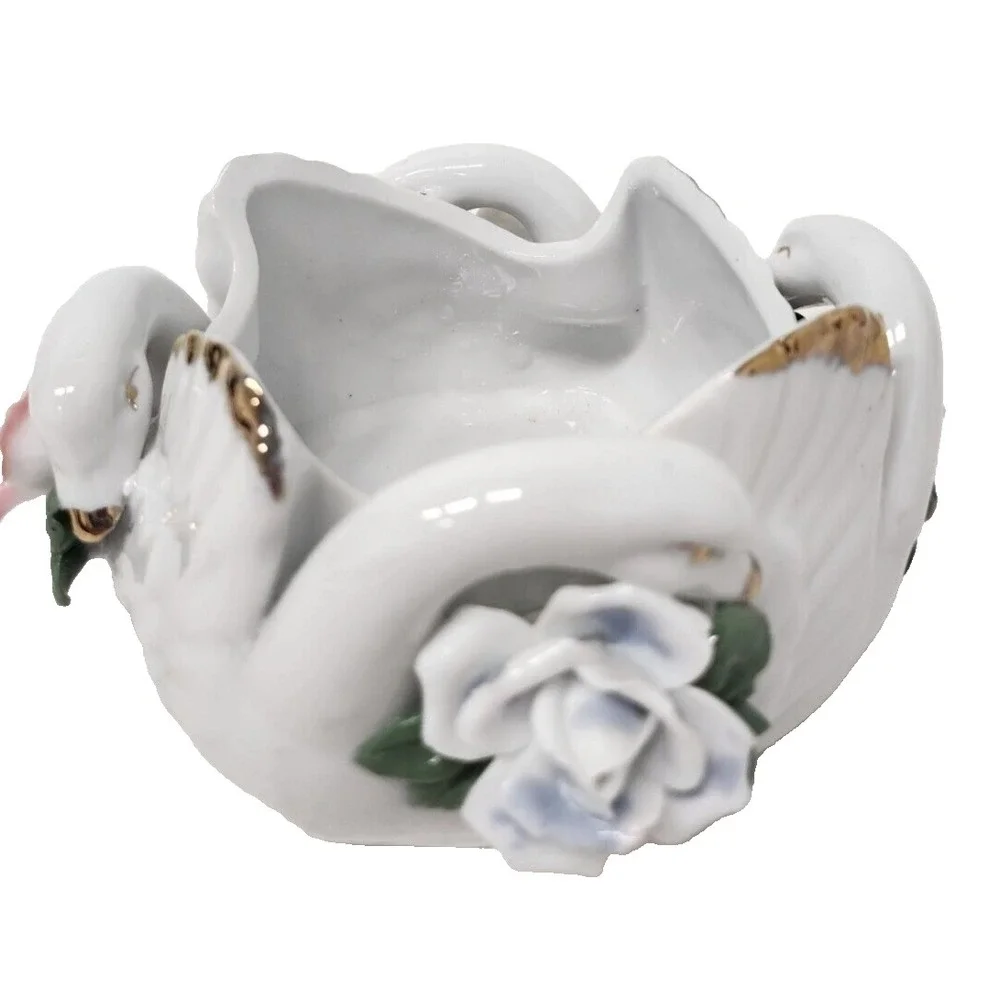Vintage 3D Swan Roses Figural Bowl Candy Dish White Ceramic Cottagecore